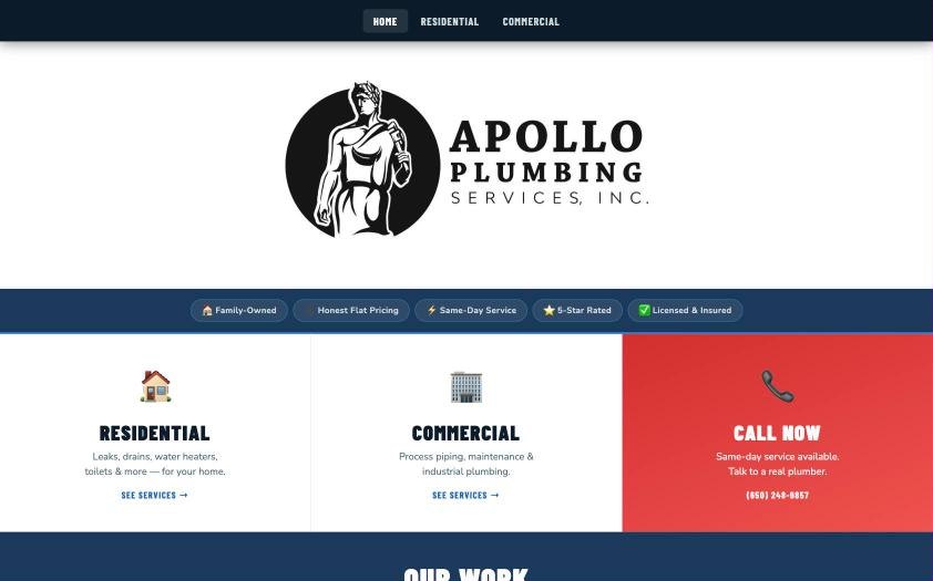 Apollo Plumbing homepage with residential, commercial and call now options
