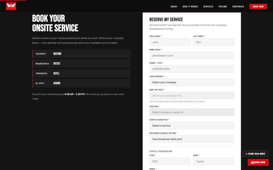 Precision Automotive Care on-site booking form with company service days