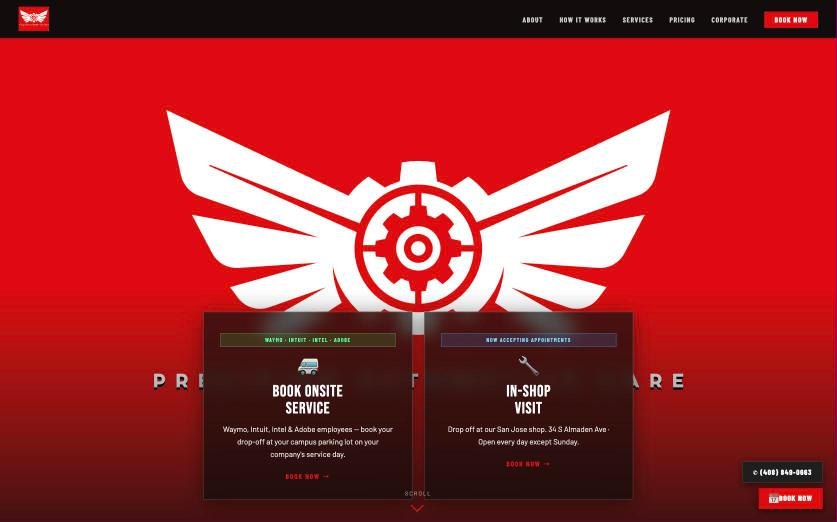 Precision Automotive Care homepage with on-site and in-shop booking options