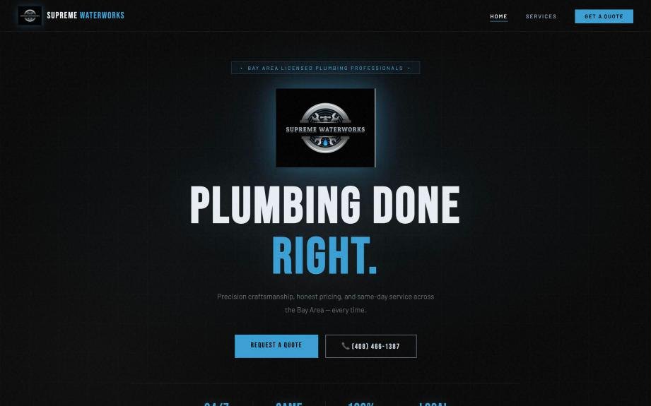 Supreme Waterworks homepage with request a quote and call buttons
