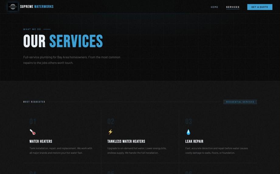 Supreme Waterworks services page listing plumbing services