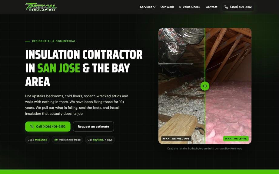 Thermal Insulation homepage with a before and after attic photo slider