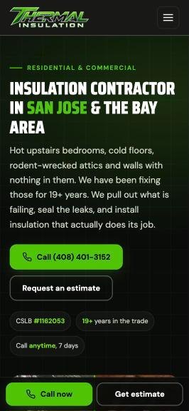 Thermal Insulation homepage on a phone with a pinned call button