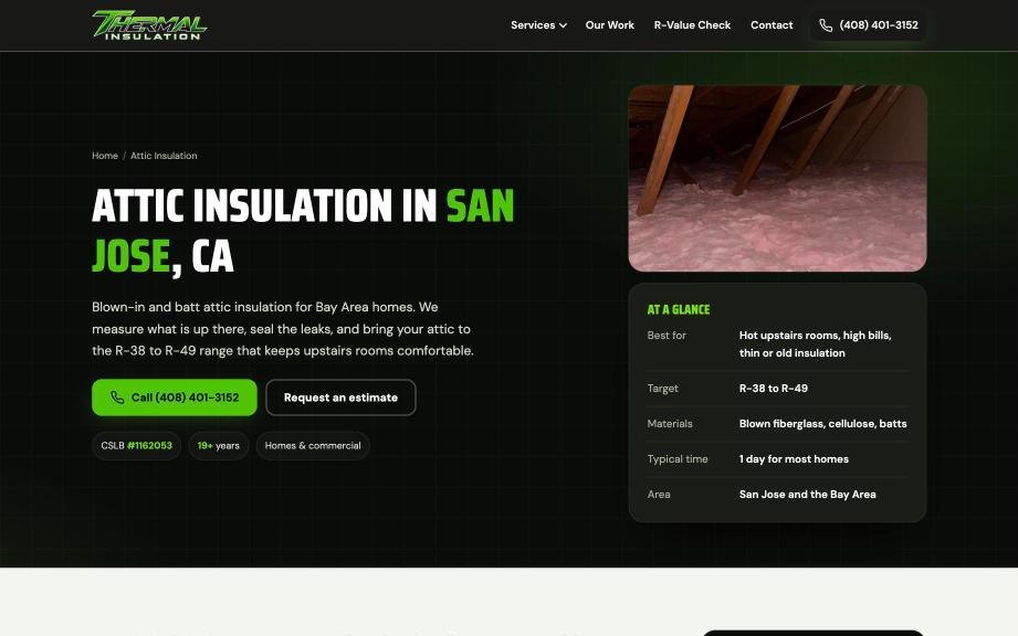 Thermal Insulation attic insulation service page with an at a glance summary box