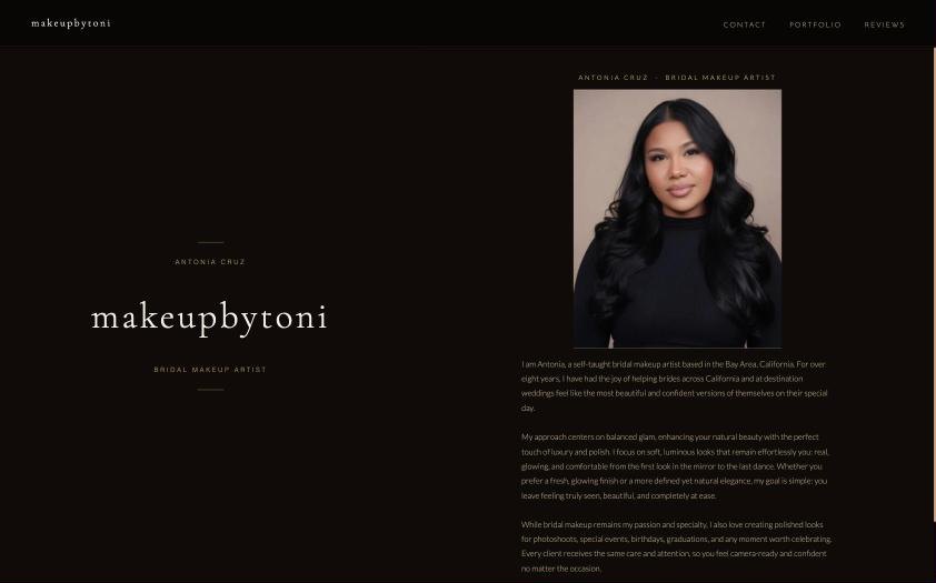 Makeup by Toni homepage introducing Antonia Cruz, bridal makeup artist