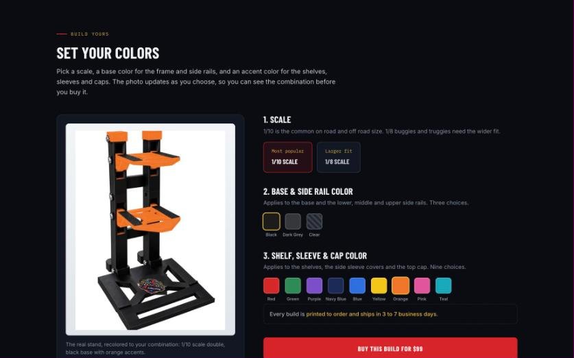 Color configurator on the TE Racing double stand product page
