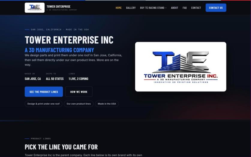 Tower Enterprise homepage introducing the company and its product lines