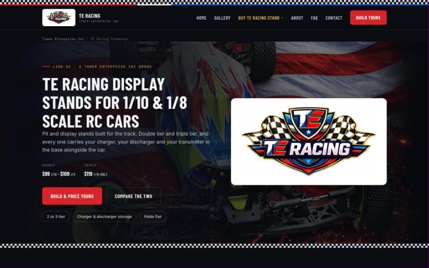TE Racing product line page for RC car display stands