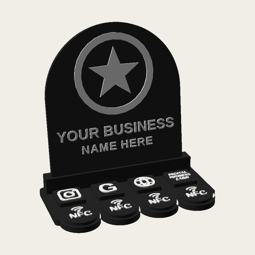 Fouro Business Hub Tap, a printed NFC display stand with four tags for social, reviews, website and digital business card